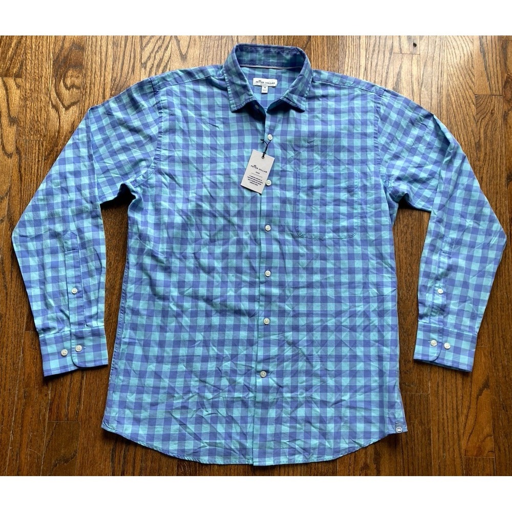 NWT Peter Millar Shirt Mens Medium Blue Seaside Cotton Silk Plaid Brighton Grand